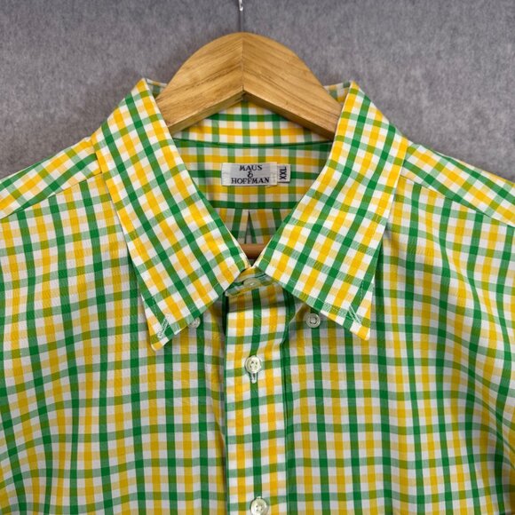 Maus & Hoffman Mens XXL Green‎ Yellow Gingham Short Sleeve Cotton Shirt Buttoned - Picture 3 of 15